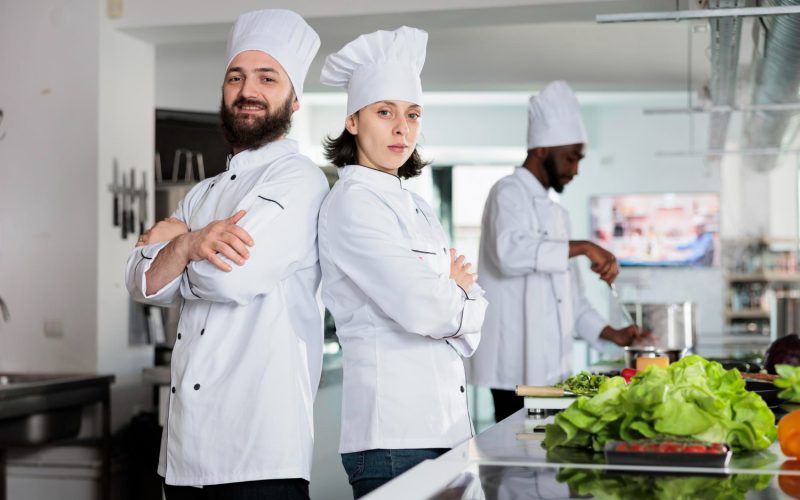expertos-gastronomia-espalda-espalda-pie-cocina-profesional-restaurante-mientras-posan-camara-chefs-vistiendo-uniformes-cocina-mientras-estan-pie-cocina-gourmet-brazos-cruzados